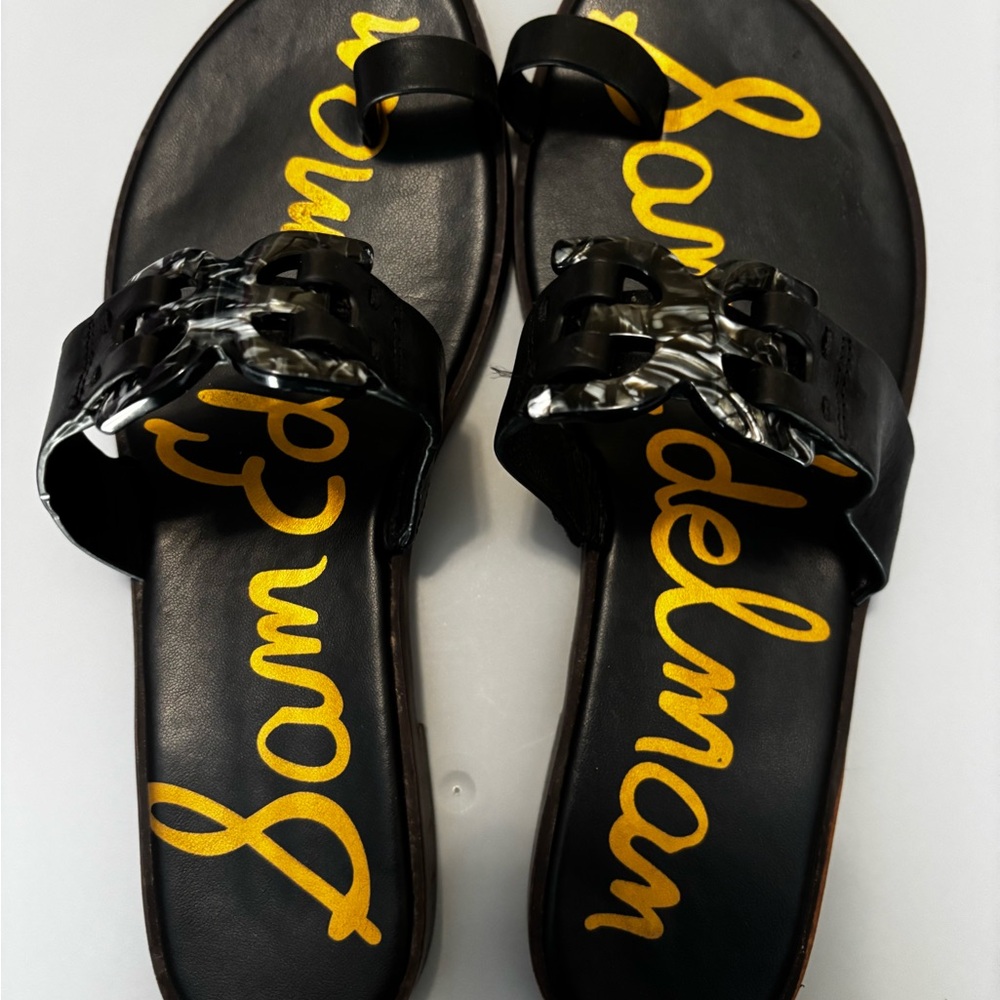 Sam Edelman Black and Gold Slide Sandals